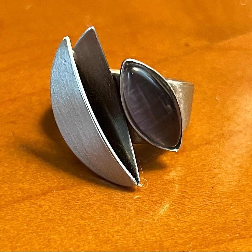 Christopher Poly Handmade Silver-Tone Asymmetrical Design Dark Purple Stone Ring